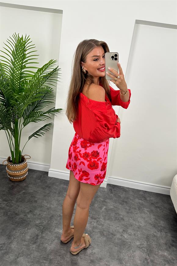 Zra Model Yırtmaçlı Mini Kalem Etek Pembe Kırmızı Desenli