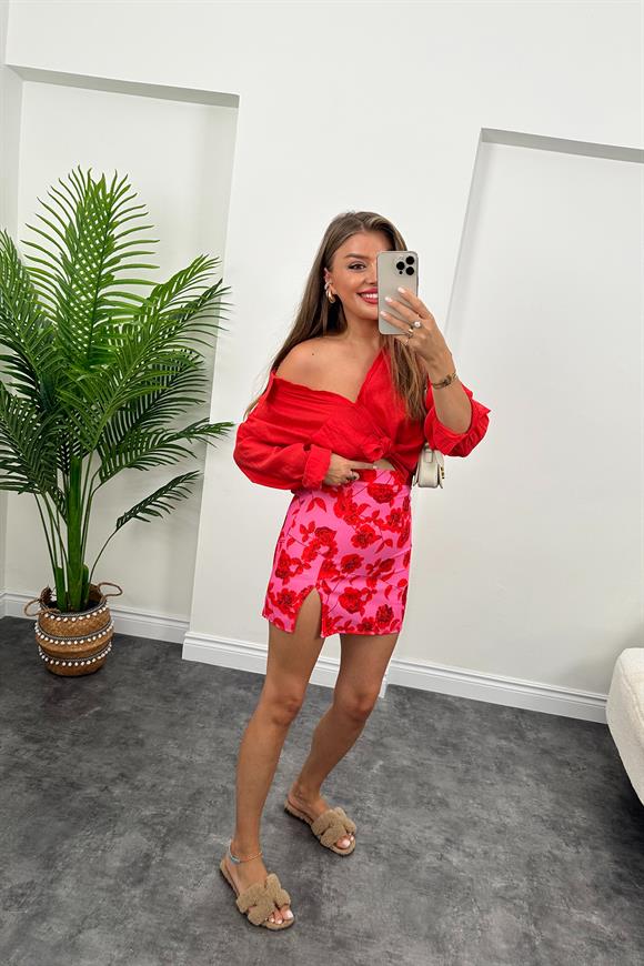 Zra Model Yırtmaçlı Mini Kalem Etek Pembe Kırmızı Desenli