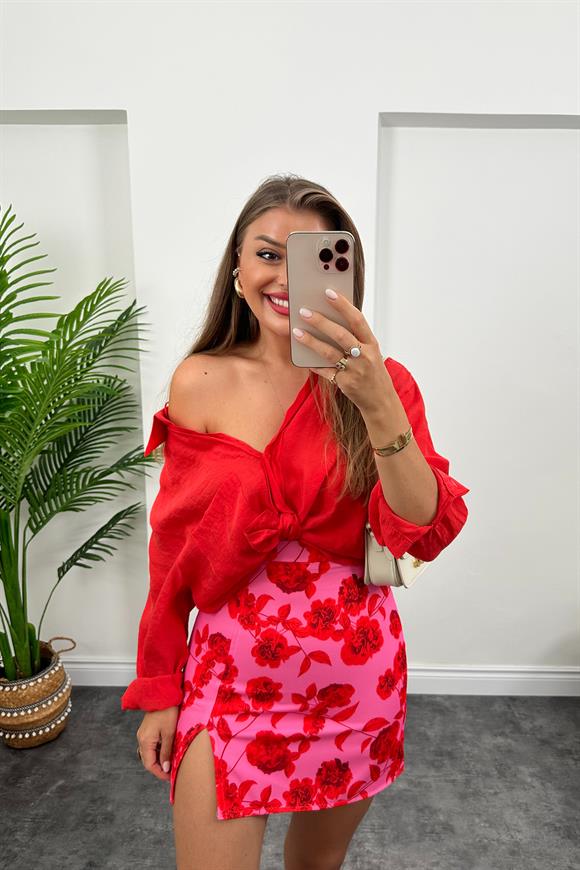 Zra Model Yırtmaçlı Mini Kalem Etek Pembe Kırmızı Desenli