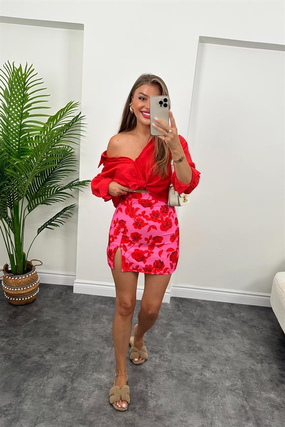 Zra Model Yırtmaçlı Mini Kalem Etek Pembe Kırmızı Desenli