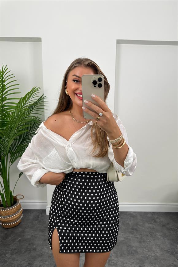 Zra Model Yırtmaçlı Mini Kalem Etek Siyah Beyaz Puantiyeli