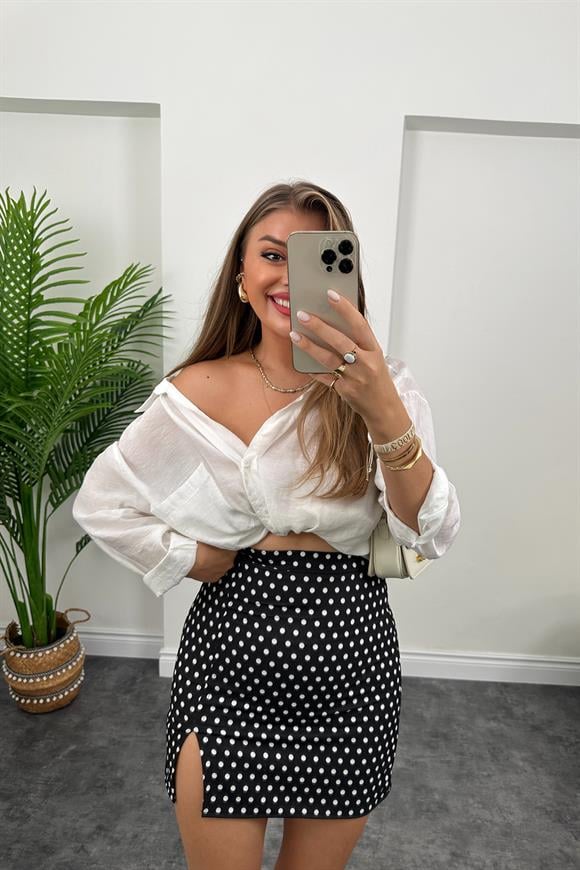 Zra Model Yırtmaçlı Mini Kalem Etek Siyah Beyaz Puantiyeli