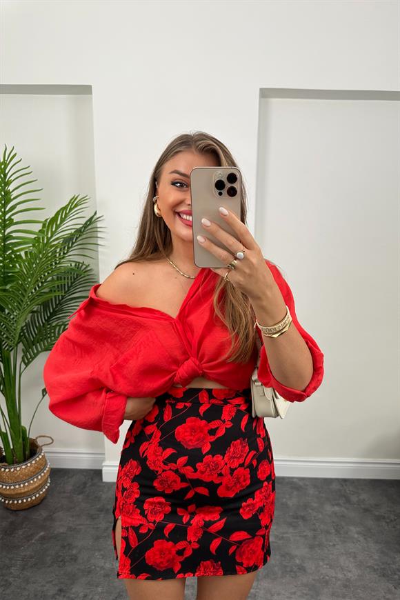 Zra Model Yırtmaçlı Mini Kalem Etek Siyah Kırmızı Desenli