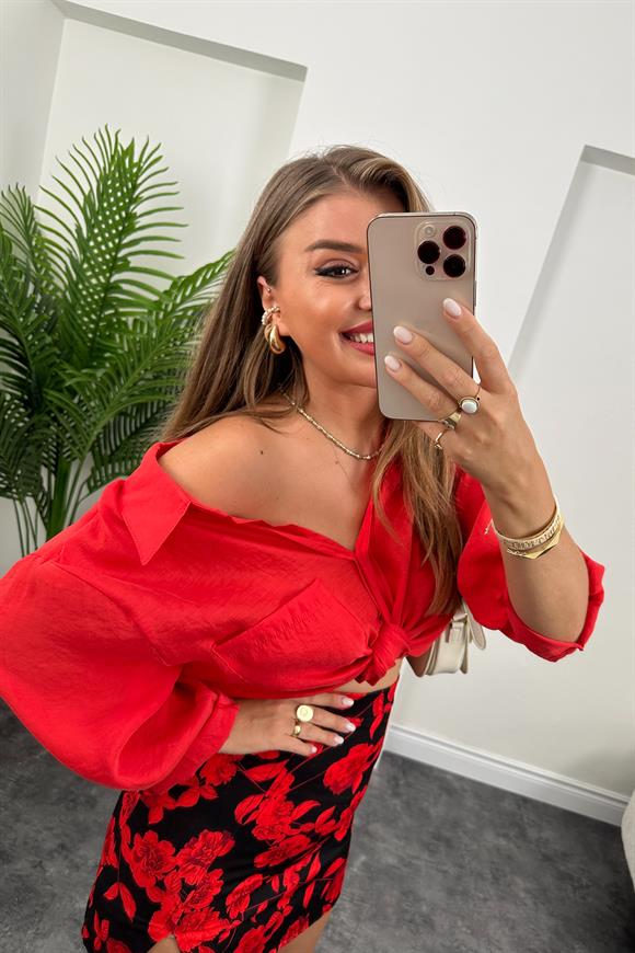 Zra Model Yırtmaçlı Mini Kalem Etek Siyah Kırmızı Desenli