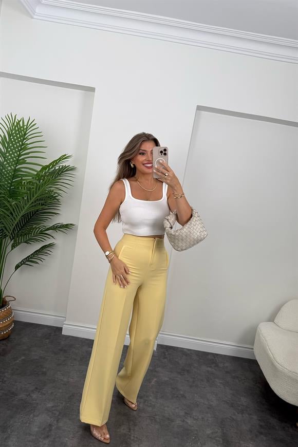 Zra Premium Double Atlas Kumaş Pensli Palazzo Butter Yellow