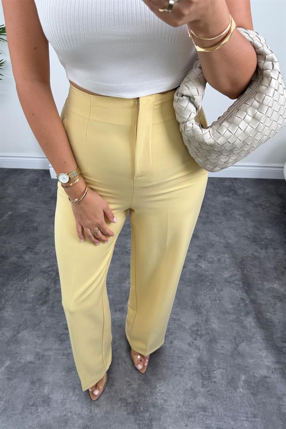 Zra Premium Double Atlas Kumaş Pensli Palazzo Butter Yellow