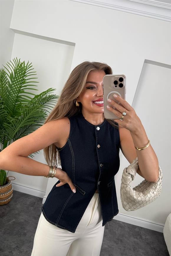 Zra Premium Seri Likralı Düğmeli Jean Yelek