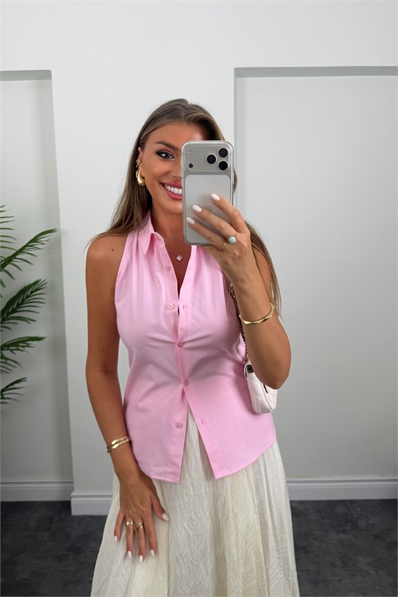 Zra Tam Pamuklu Sıfır Kol Oturtma Basic Gömlek Pembe
