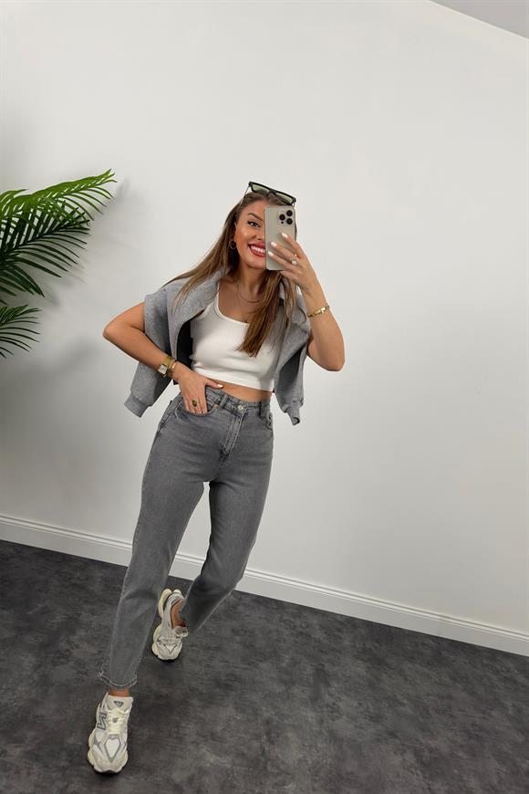 Zra Ultra Yüksel Bel Süper Kalıp Likralı  Mom Fit Jean Gri