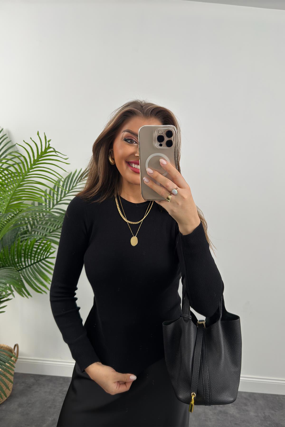 1. Sınıf Kalite Massi Model Kaşmir Dokulu Uzun Kol Basic Triko Siyah