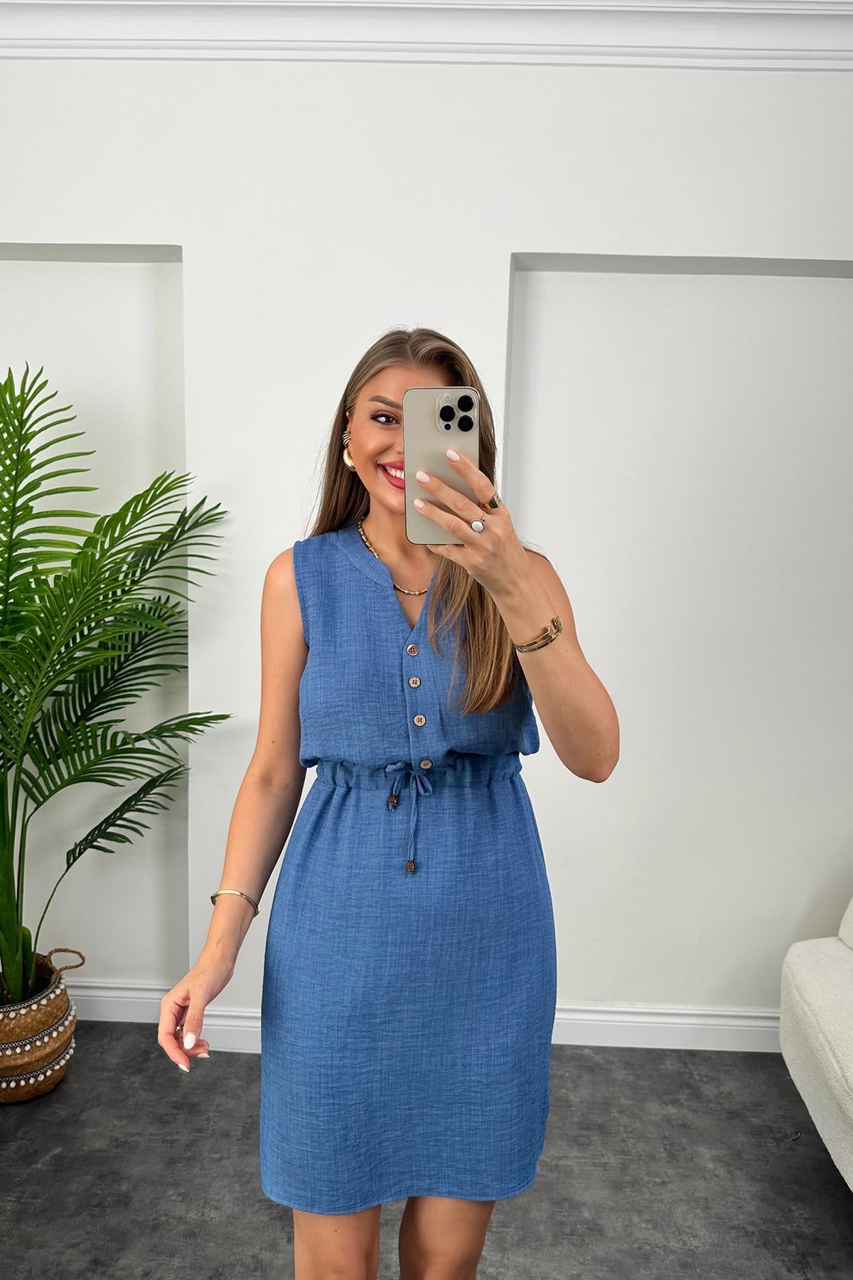 1. Sınıf Kalite Beli Lastikli Sıfır Kol Keten Elbise Yeni İndigo