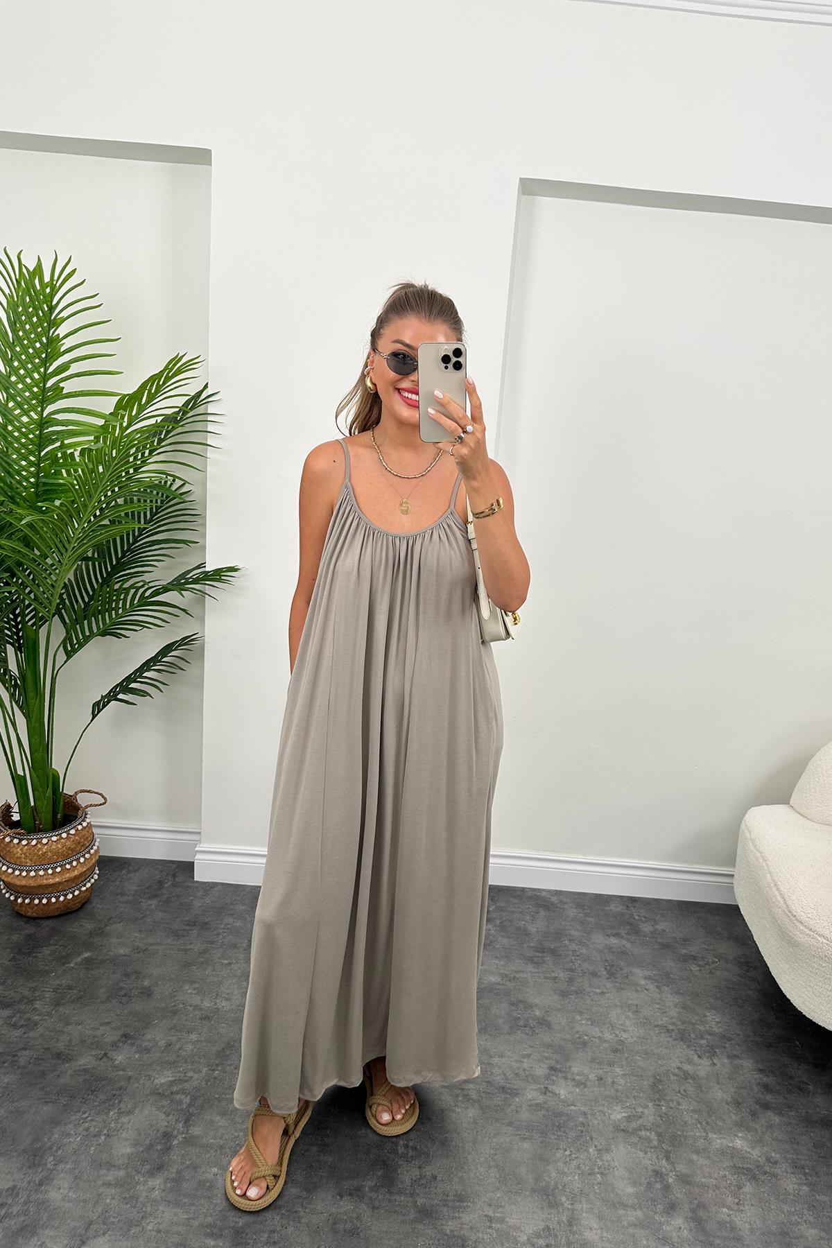 1. Sınıf Kalite İthal Oysh Kumaş Cepli Maxi Elbise Açık Vizon