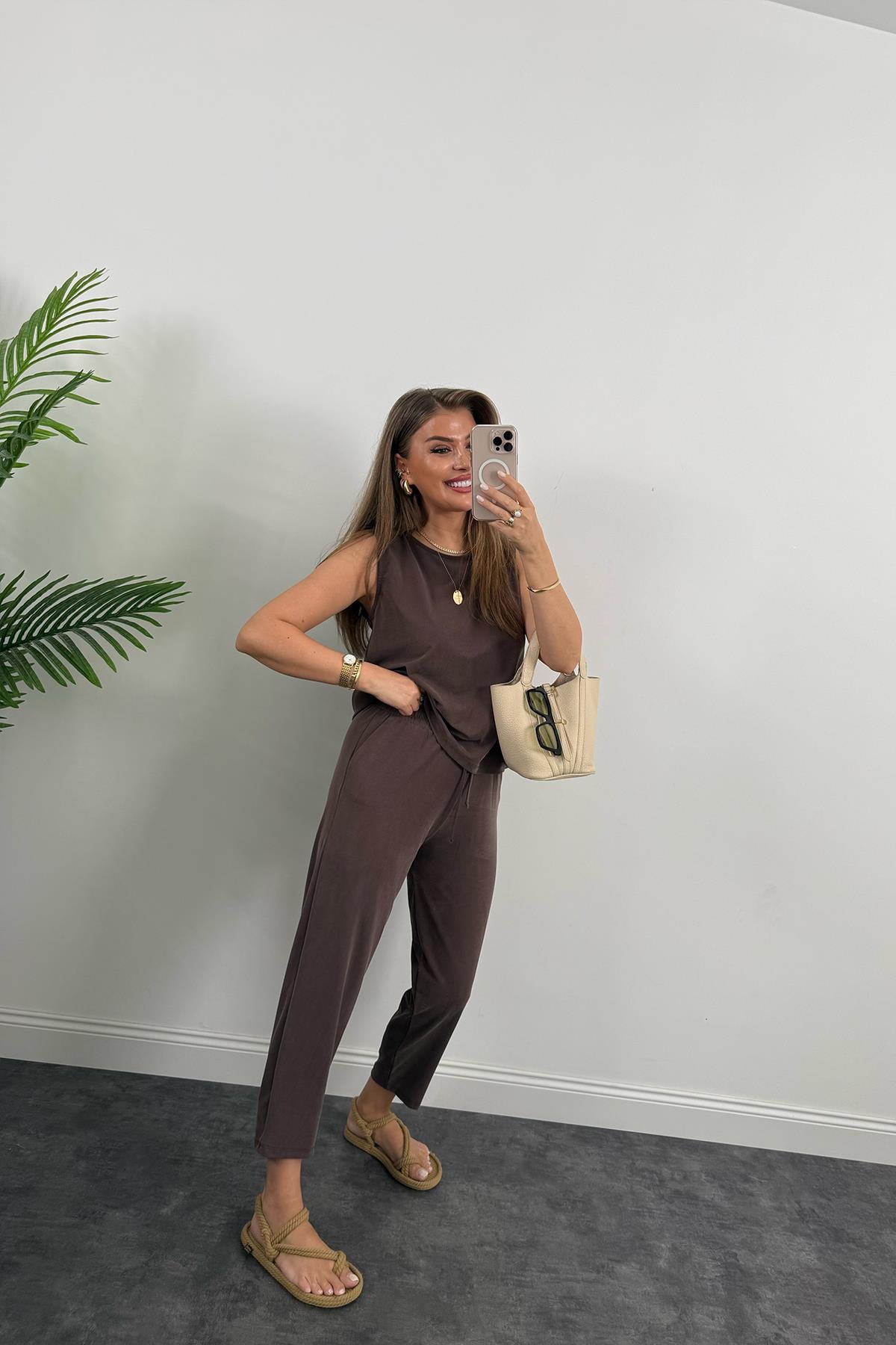 1. Sınıf Kalite Pike Modal Kumaş Pantolon Bluz Likralı Takım Kahverengi