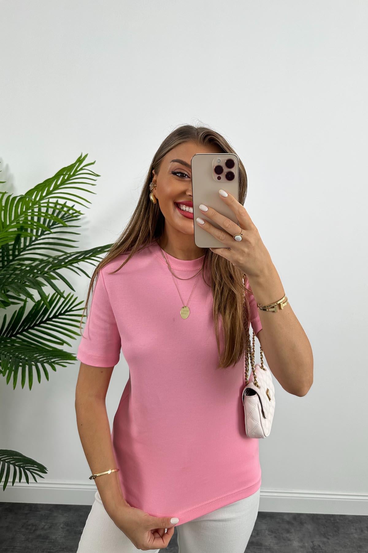 1. Sınıf Kalite Massi Model %100 Pamuklu Lüx Basic Tshirt Pembe
