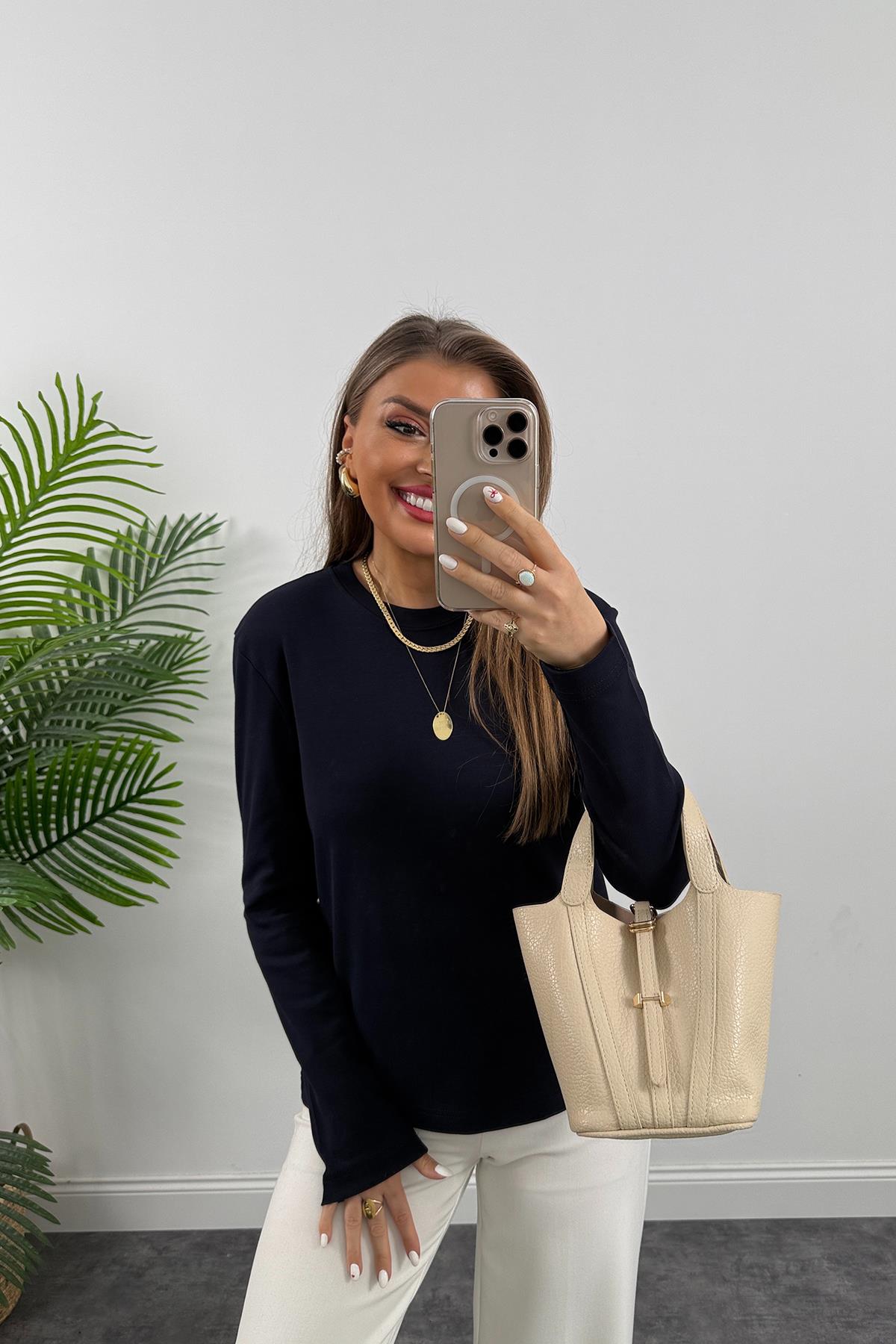 1. Sınıf Kalite  Massi Model Tam Pamuklu Uzun Kol Basic Koyu Lacivert 