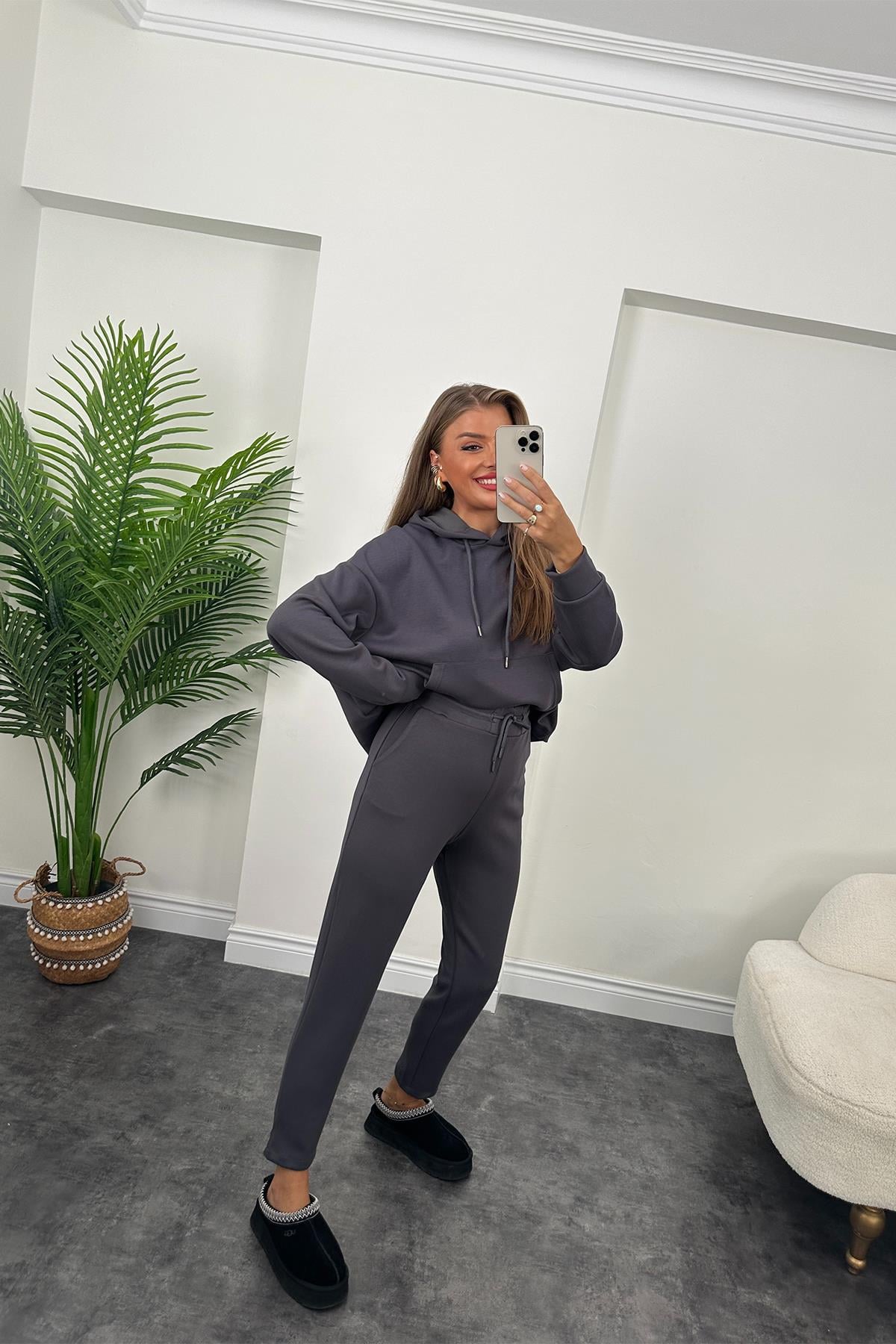 1. Sınıf Kalite Oysh Kumaş Ultra Yüksek Bel Eşofman Takımı Antrasit