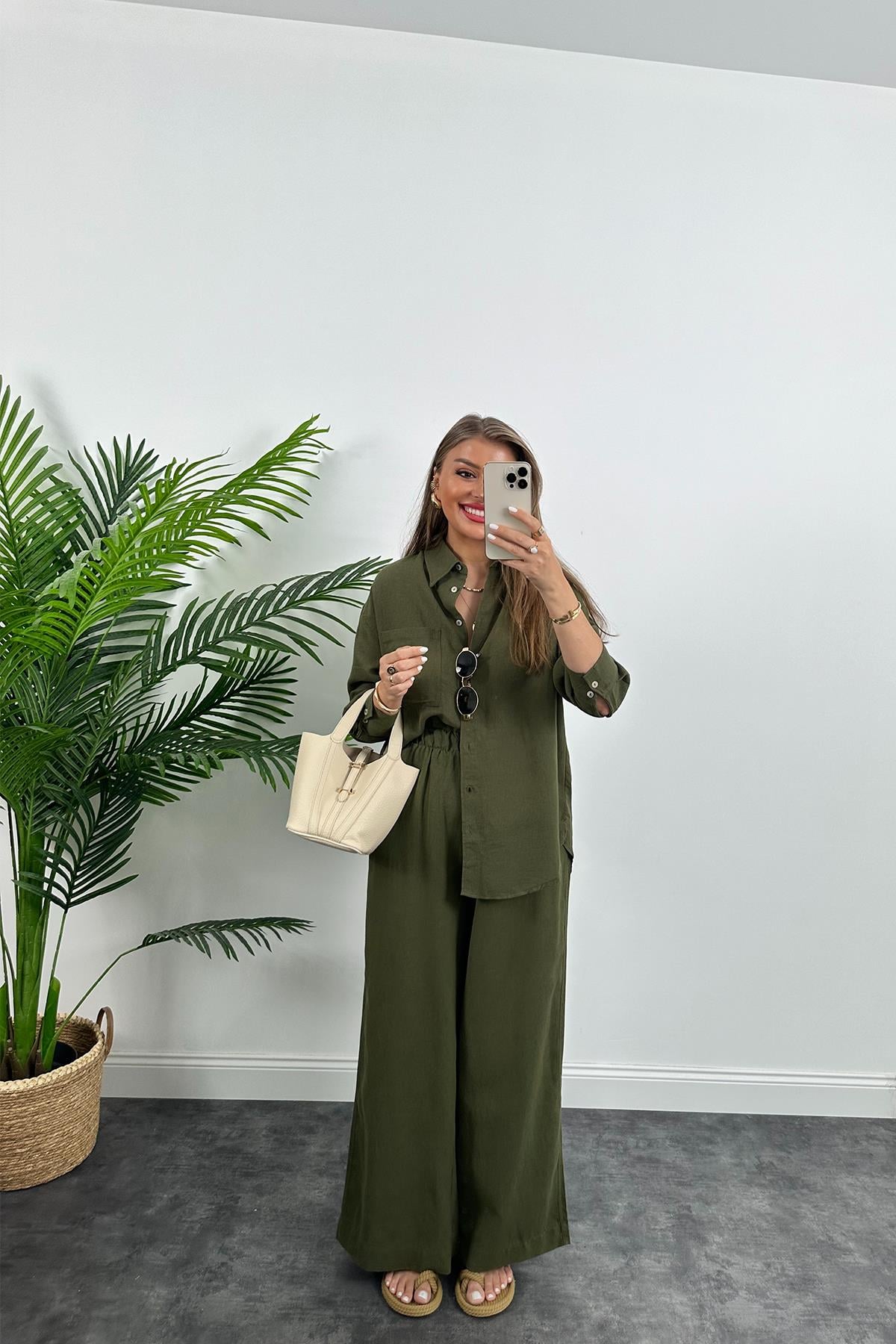 1. Sınıf Kalite Oysh Model %100 Keten Palazzo Gömlek Takım  Haki