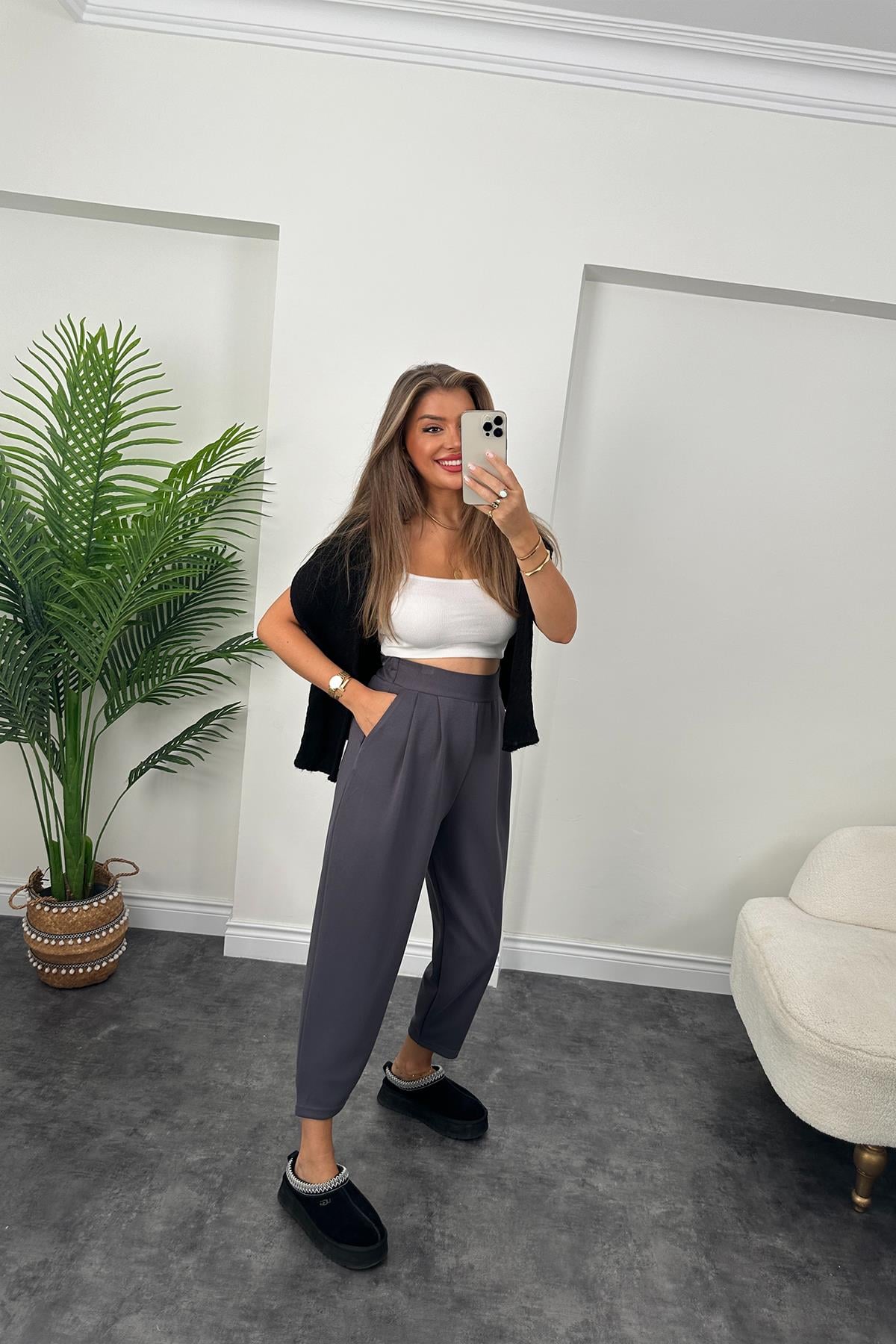 1. Sınıf Kalite Oysh Kumaş Beli Lastikli Harem Pantolon Antrasit 