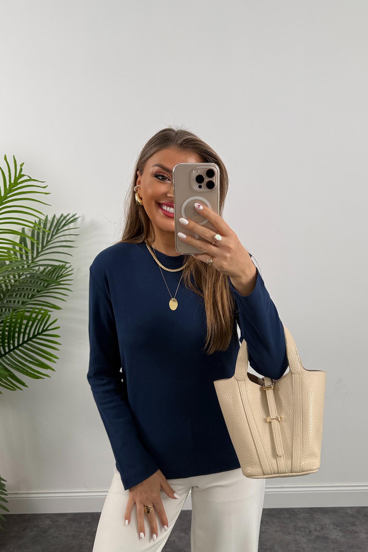 1. Sınıf Kalite  Massi Model Tam Pamuklu Uzun Kol Basic Açık Lacivert