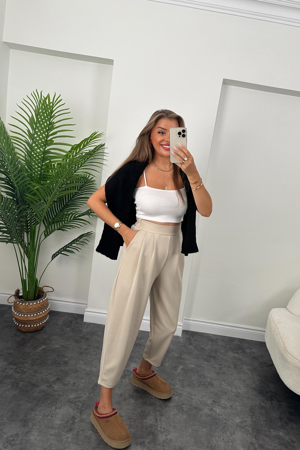 1. Sınıf Kalite Oysh Kumaş Beli Lastikli Harem Pantolon Taş