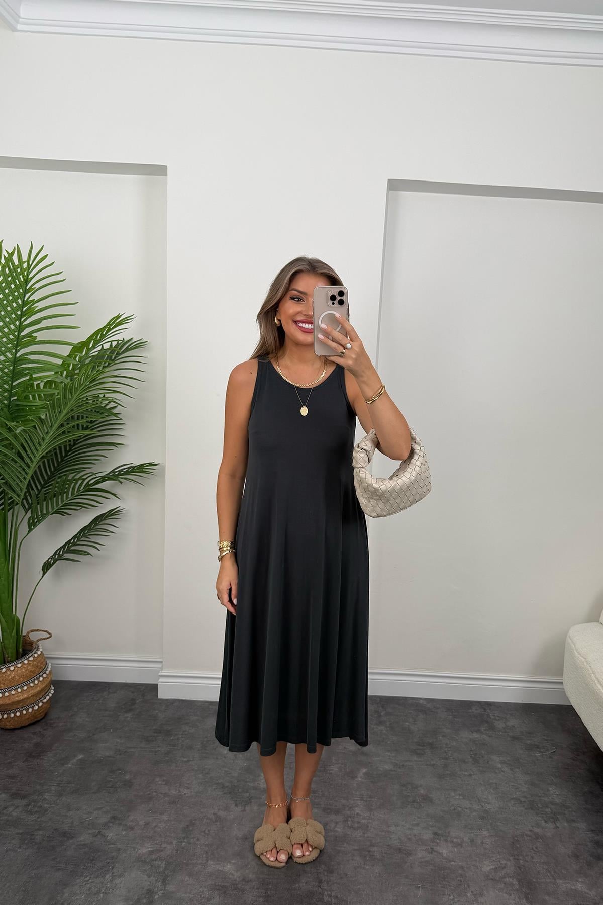 1. Sınıf Kalite İthal Modal Kumaş Midi Elbise Antrasit