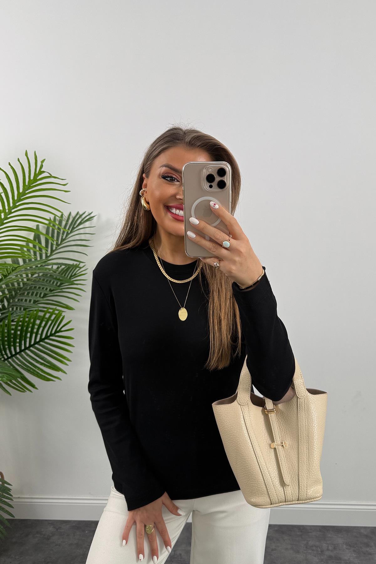 1. Sınıf Kalite  Massi Model Tam Pamuklu Uzun Kol Basic Siyah