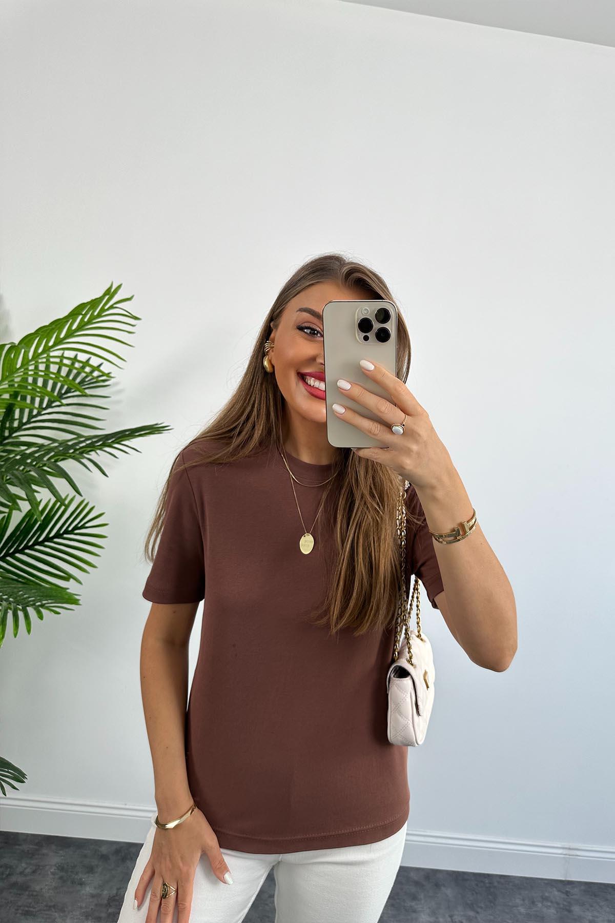 1. Sınıf Kalite Massi Model %100 Pamuklu Lüx Basic Tshirt Kahverengi