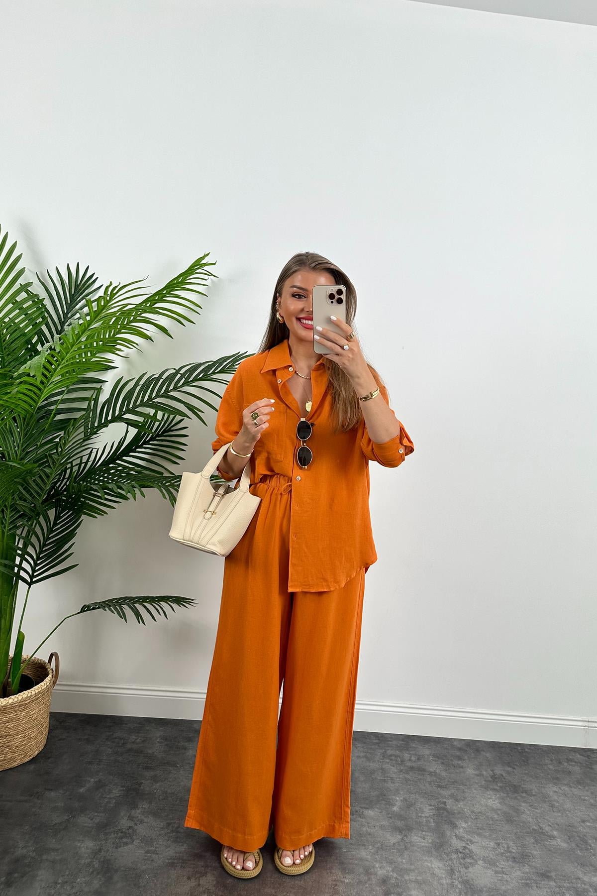 1. Sınıf Kalite Oysh Model %100 Keten Palazzo Gömlek Takım Turuncu