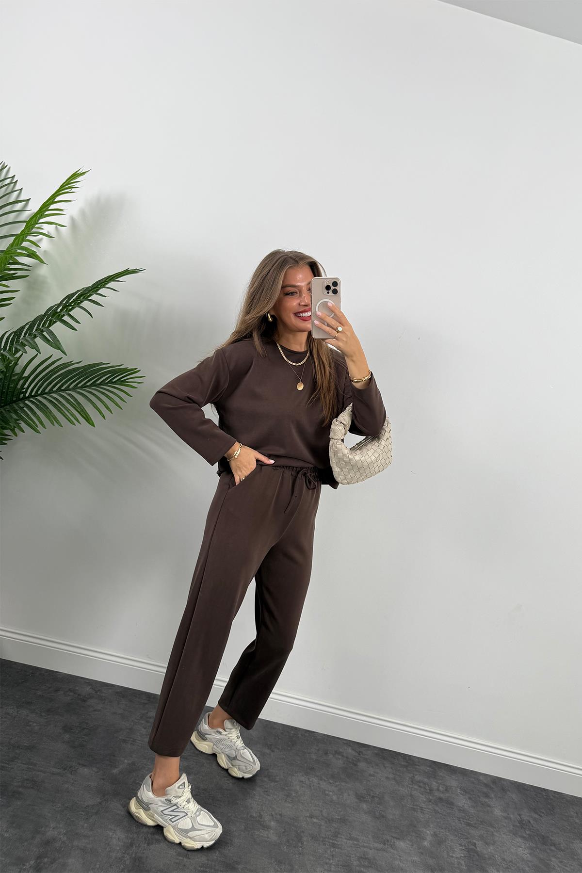 1. Sınıf Kalite İthal Oysh Kumaş Uzun Kol Basic Takım Acı Kahve