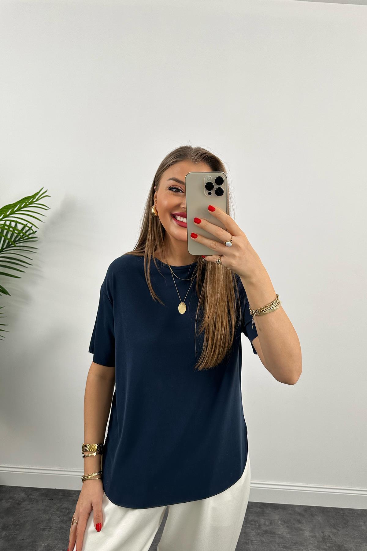 1. Sınıf Kalite Modal Kumaş Oysh Basic Tshirt Yıkamalı Lacivert