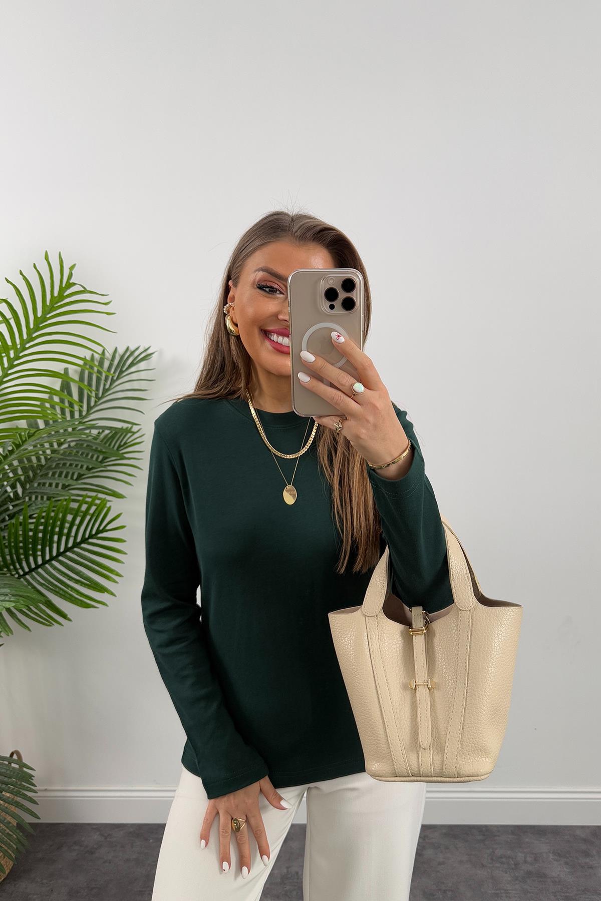 1. Sınıf Kalite  Massi Model Tam Pamuklu Uzun Kol Basic Yeşil