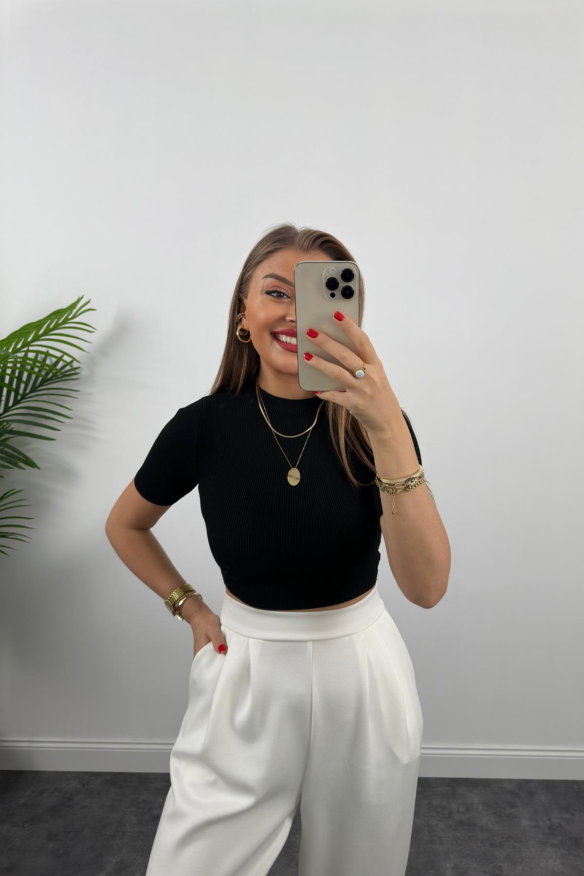 1. Sınıf Kalite  Massi Model Kısa Kollu Bel Boy İpek Merserize Siyah