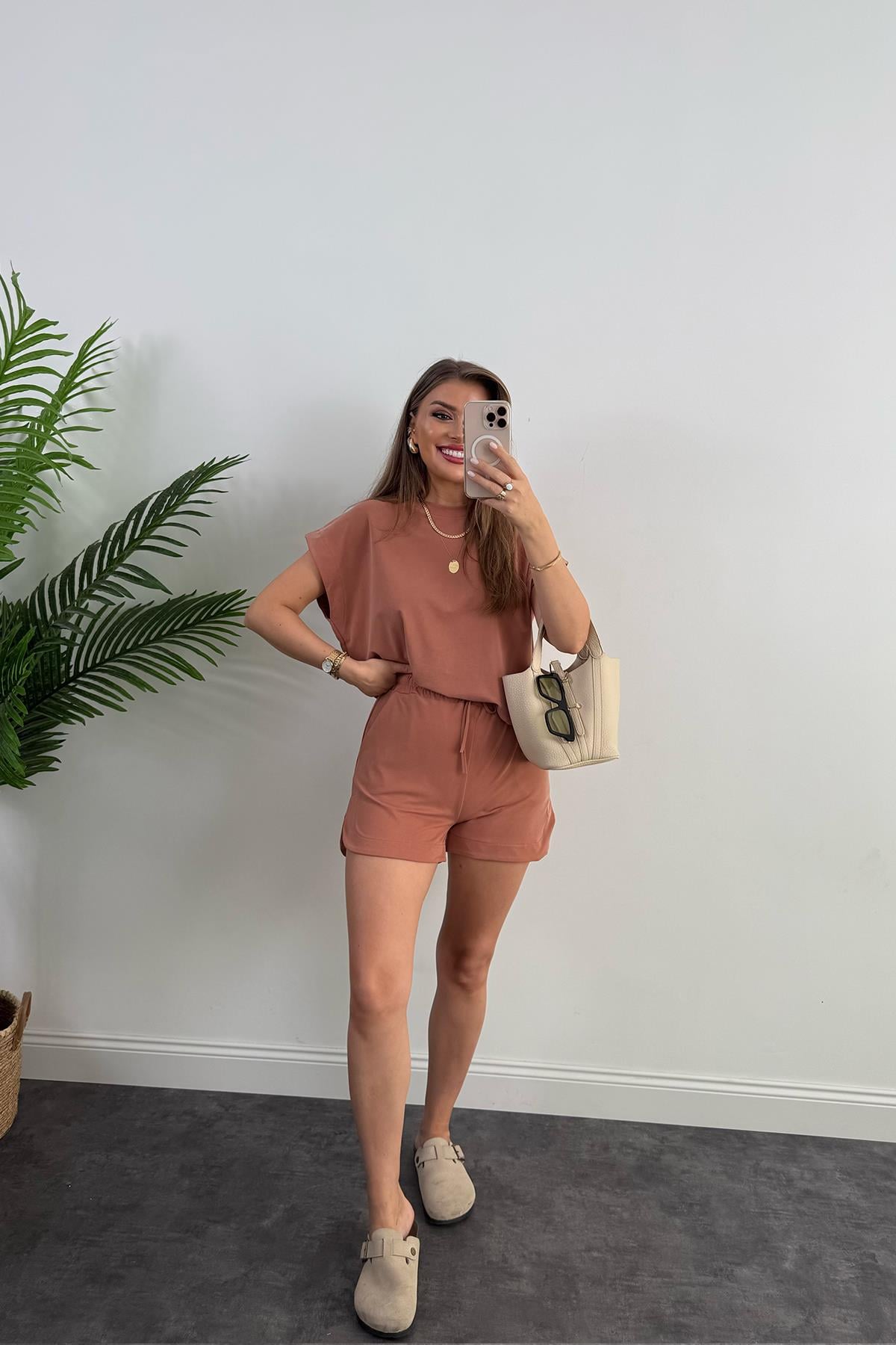 1. Sınıf Kalite İthal Pike Modal Kumaş Kısa Kollu Şort Takım Somon