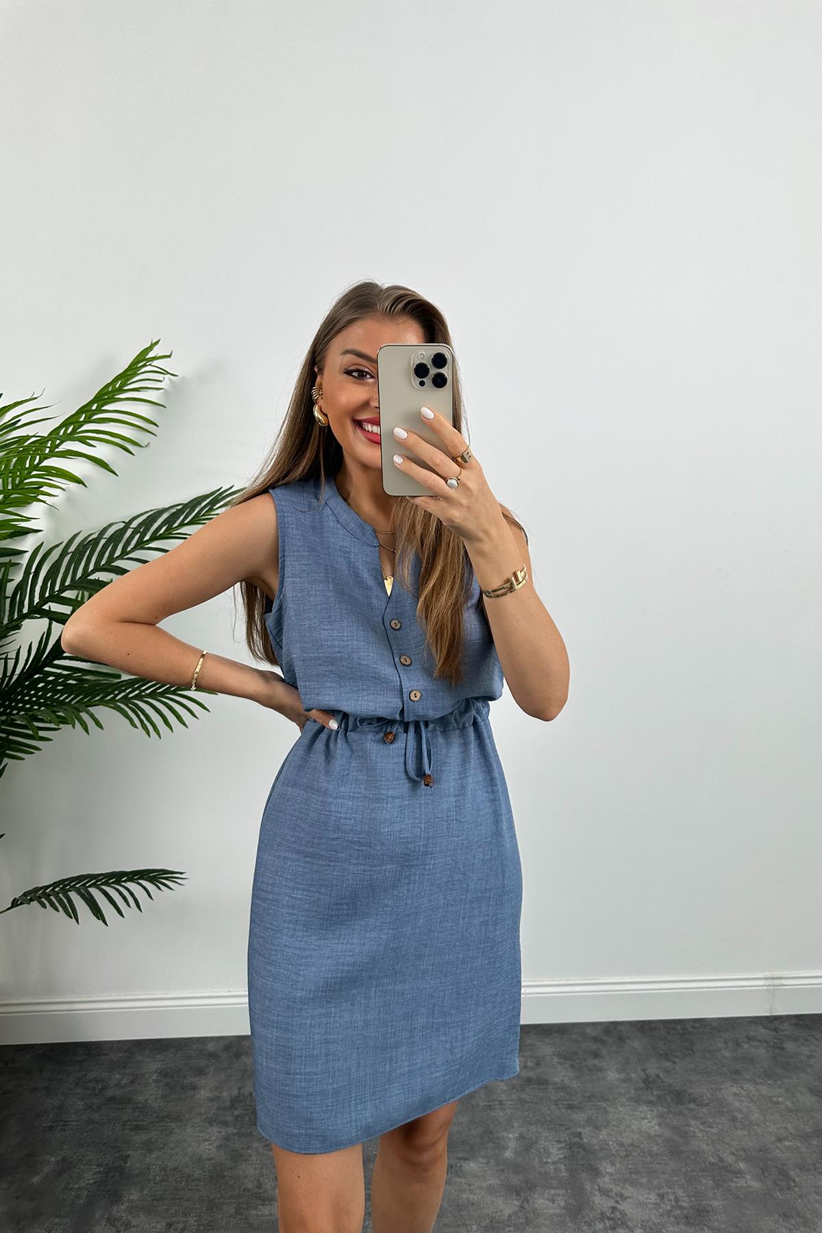 1. Sınıf Kalite Beli Lastikli Sıfır Kol Keten Elbise İndigo