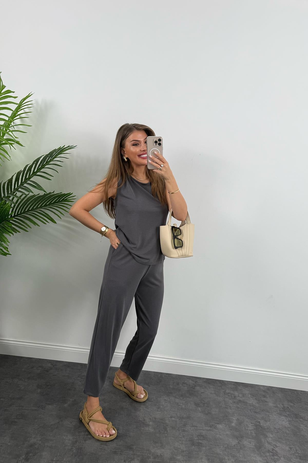 1. Sınıf Kalite Pike Modal Kumaş Pantolon Bluz Likralı Takım Antrasit