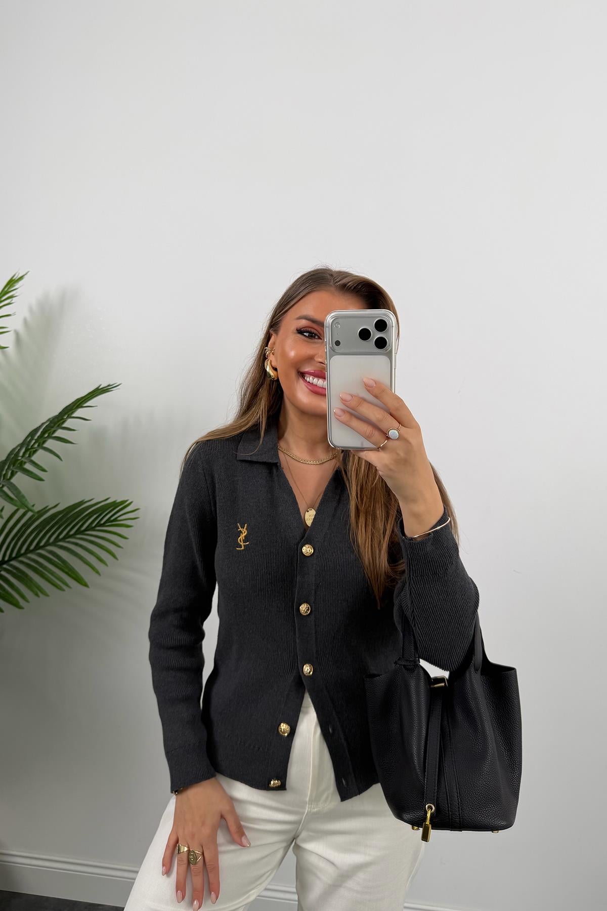 1. Sınıf Kalite Marka Model Gold Nakışlı Hırka Antrasit