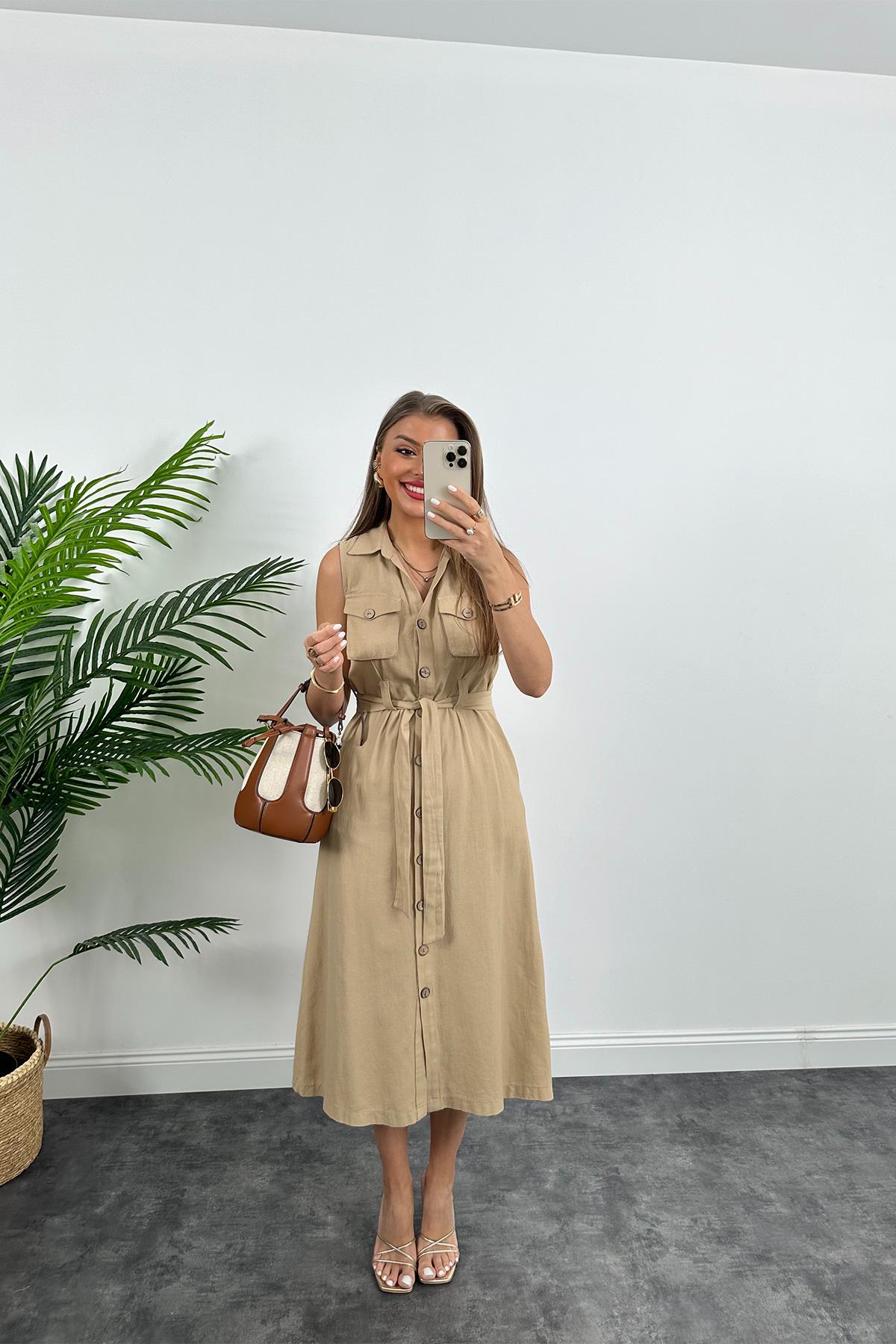 1. Sınıf Kalite Tok Keten Ahşap Düğmeli Midi Boy Elbise Bej