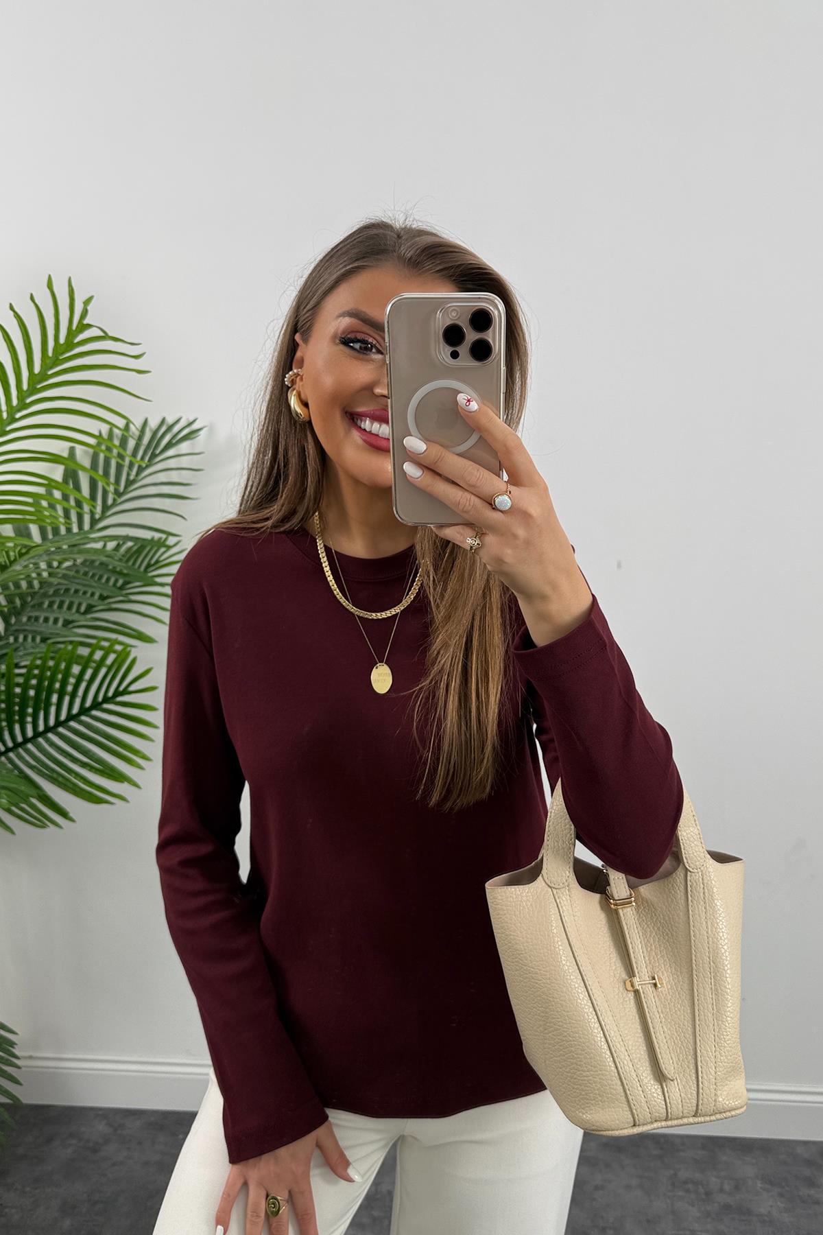 1. Sınıf Kalite  Massi Model Tam Pamuklu Uzun Kol Basic Bordo