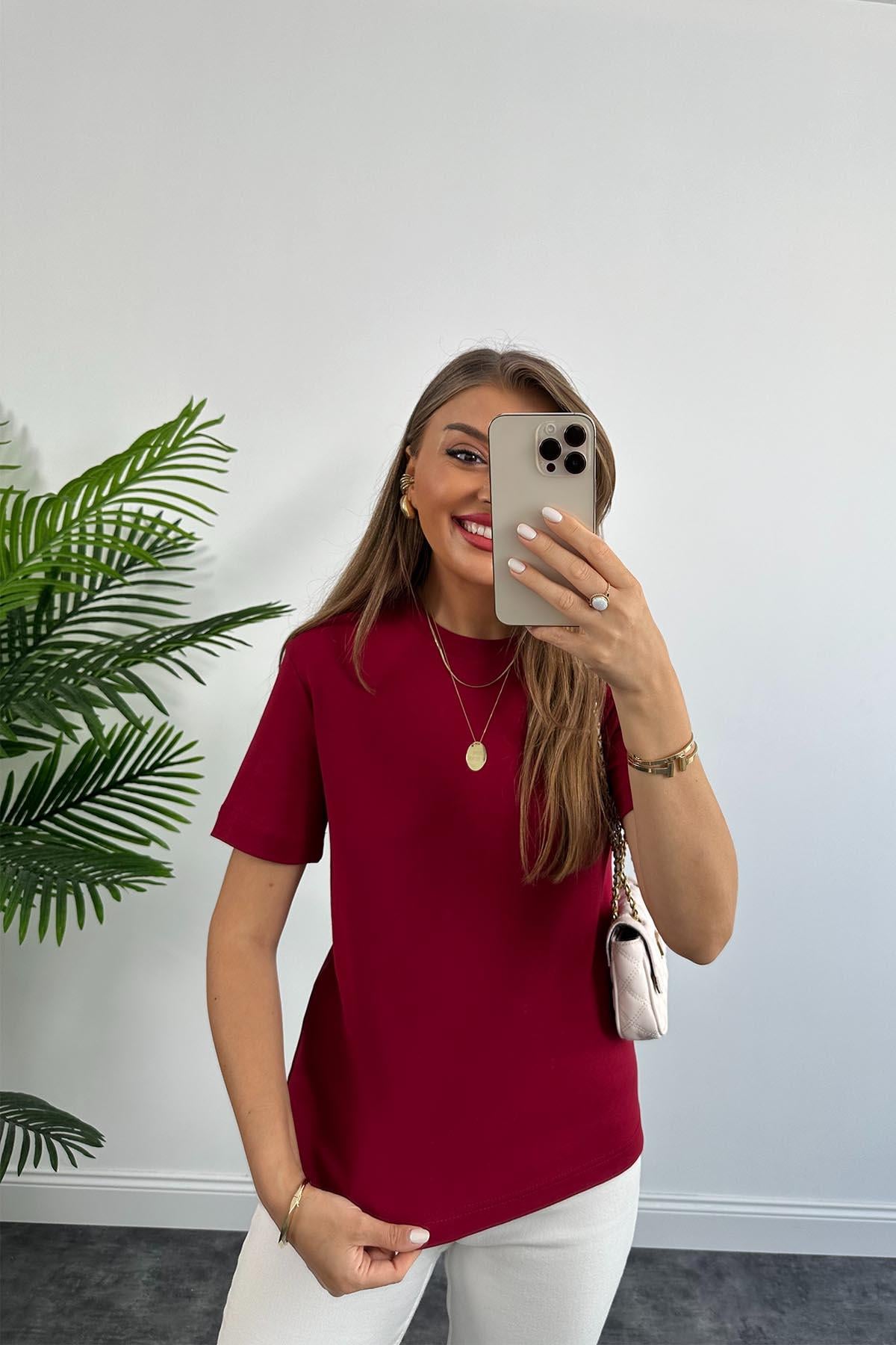 1. Sınıf Kalite Massi Model %100 Pamuklu Lüx Basic Tshirt Bordo