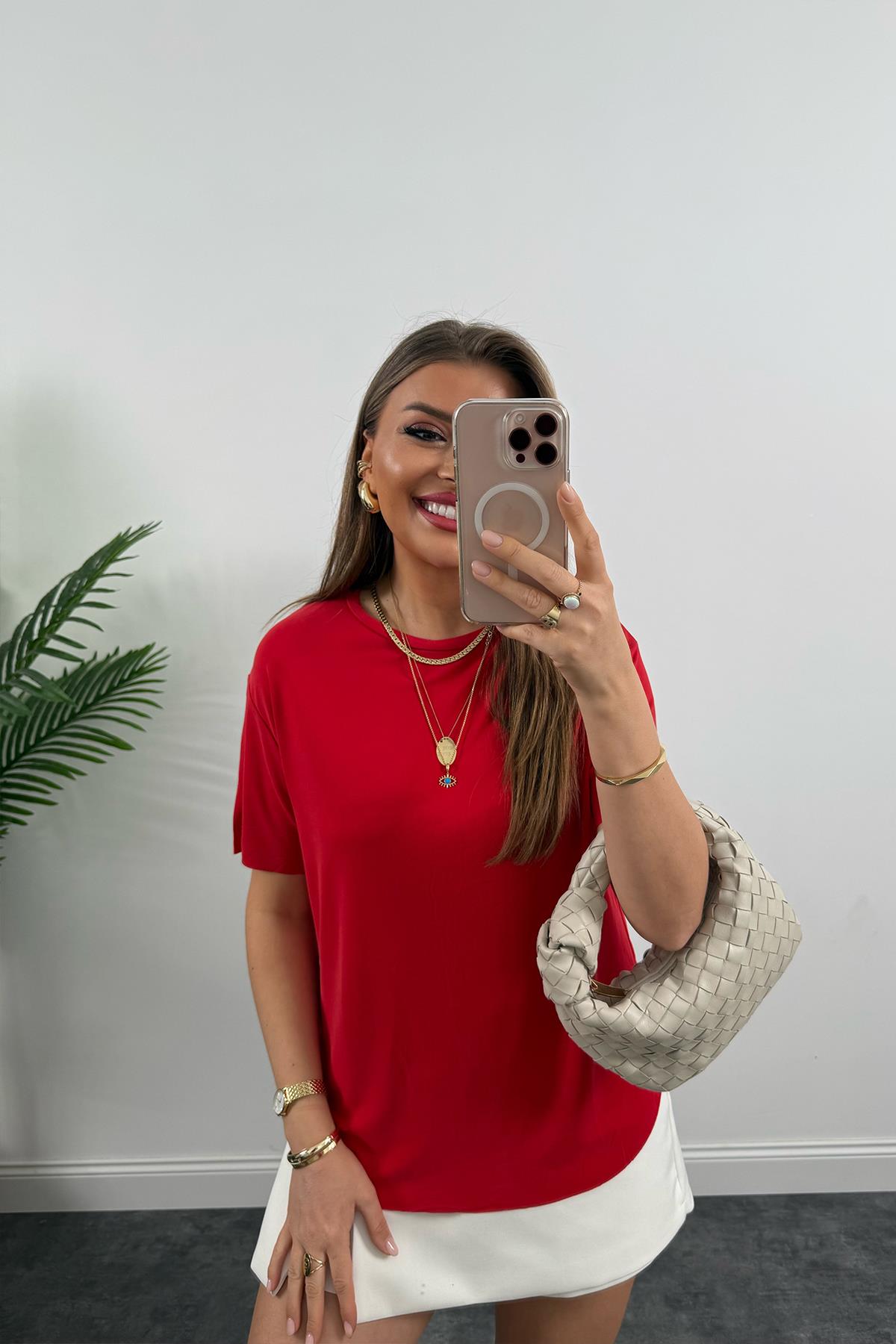 1. Sınıf Kalite Modal Kumaş Oysh Basic Tshirt Yıkamalı Kırmızı 