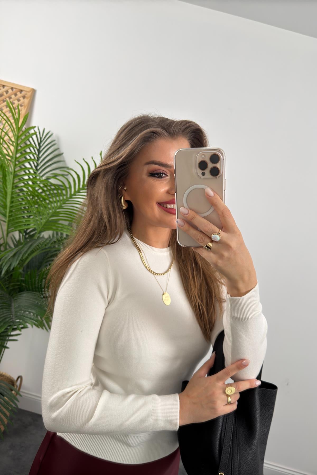 1. Sınıf Kalite Massi Model Kaşmir Dokulu Uzun Kol Basic Triko Ekru