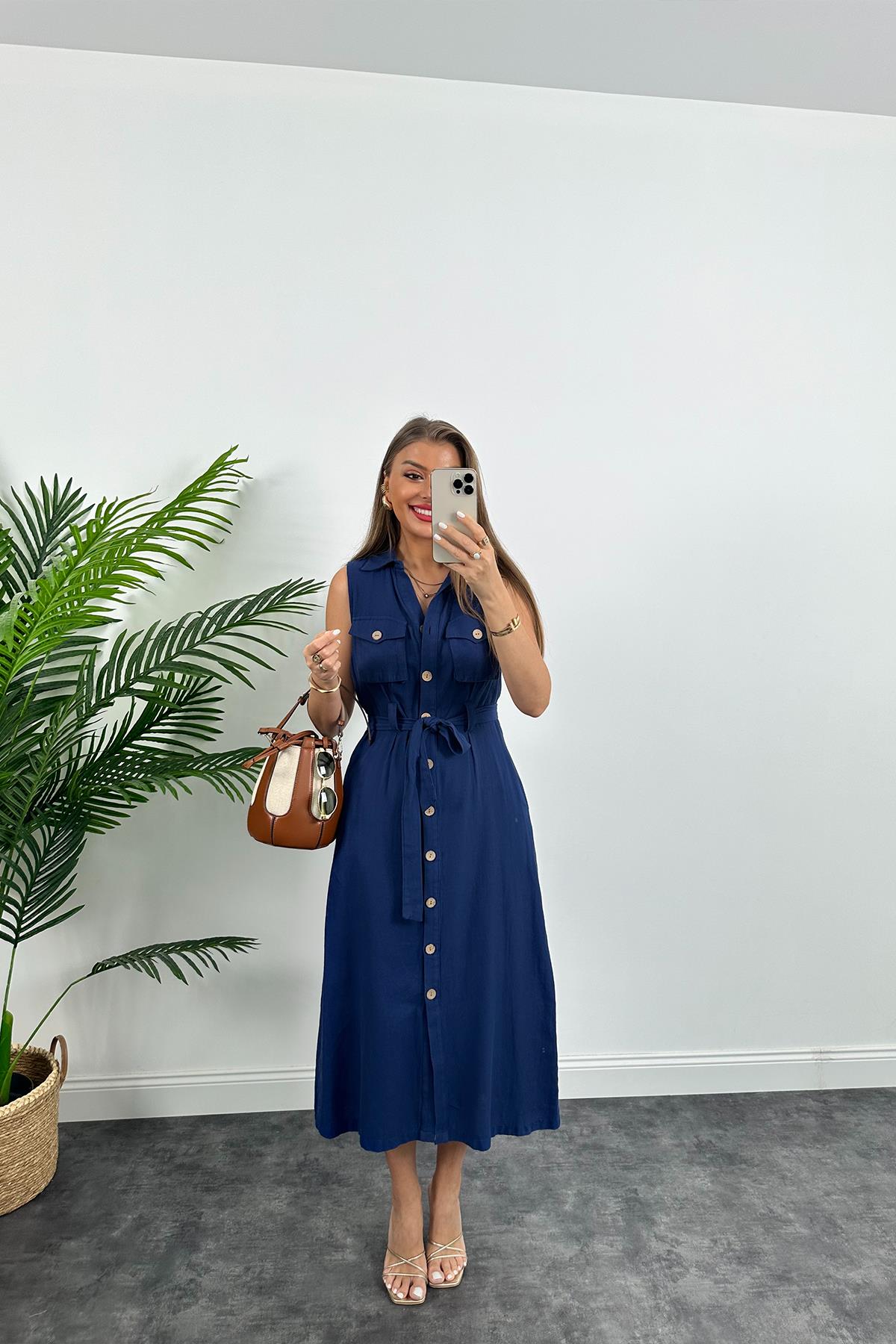 1. Sınıf Kalite Tok Keten Ahşap Düğmeli Midi Boy Elbise Lacivert