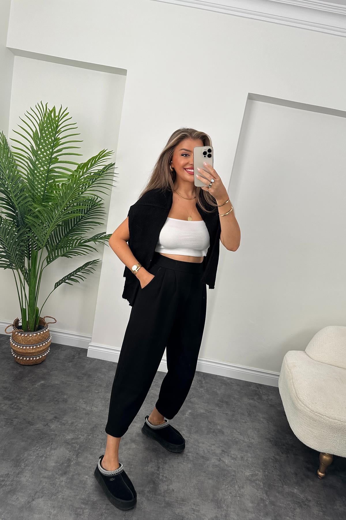 1. Sınıf Kalite Oysh Kumaş Beli Lastikli Harem Pantolon Siyah