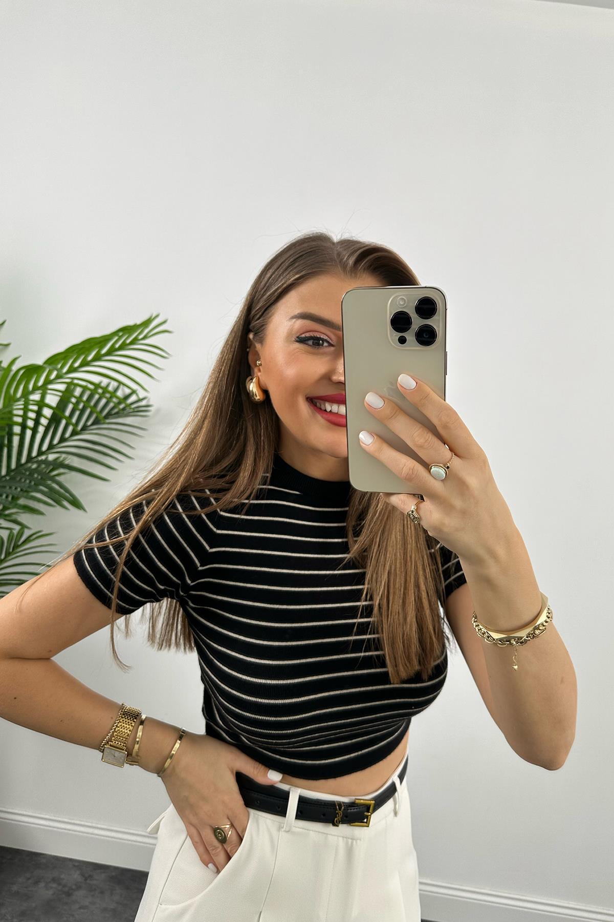 1. Sınıf Kalite  Massi Model Crop Boy Kısa Kol Marin İpek Merserize Siyah