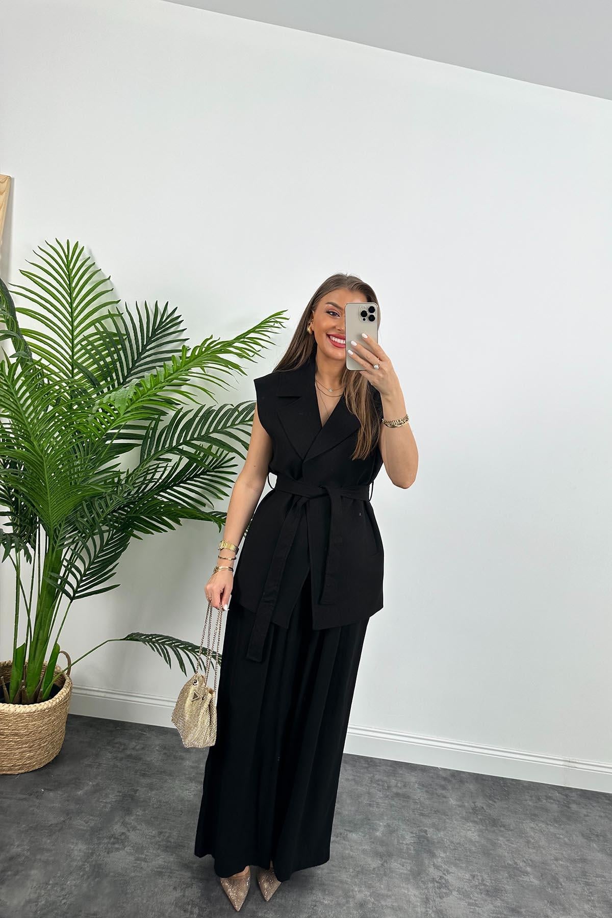 1. Sınıf Kalite Keten Kumaş Yelek Palazzo Pantolon Takım Siyah