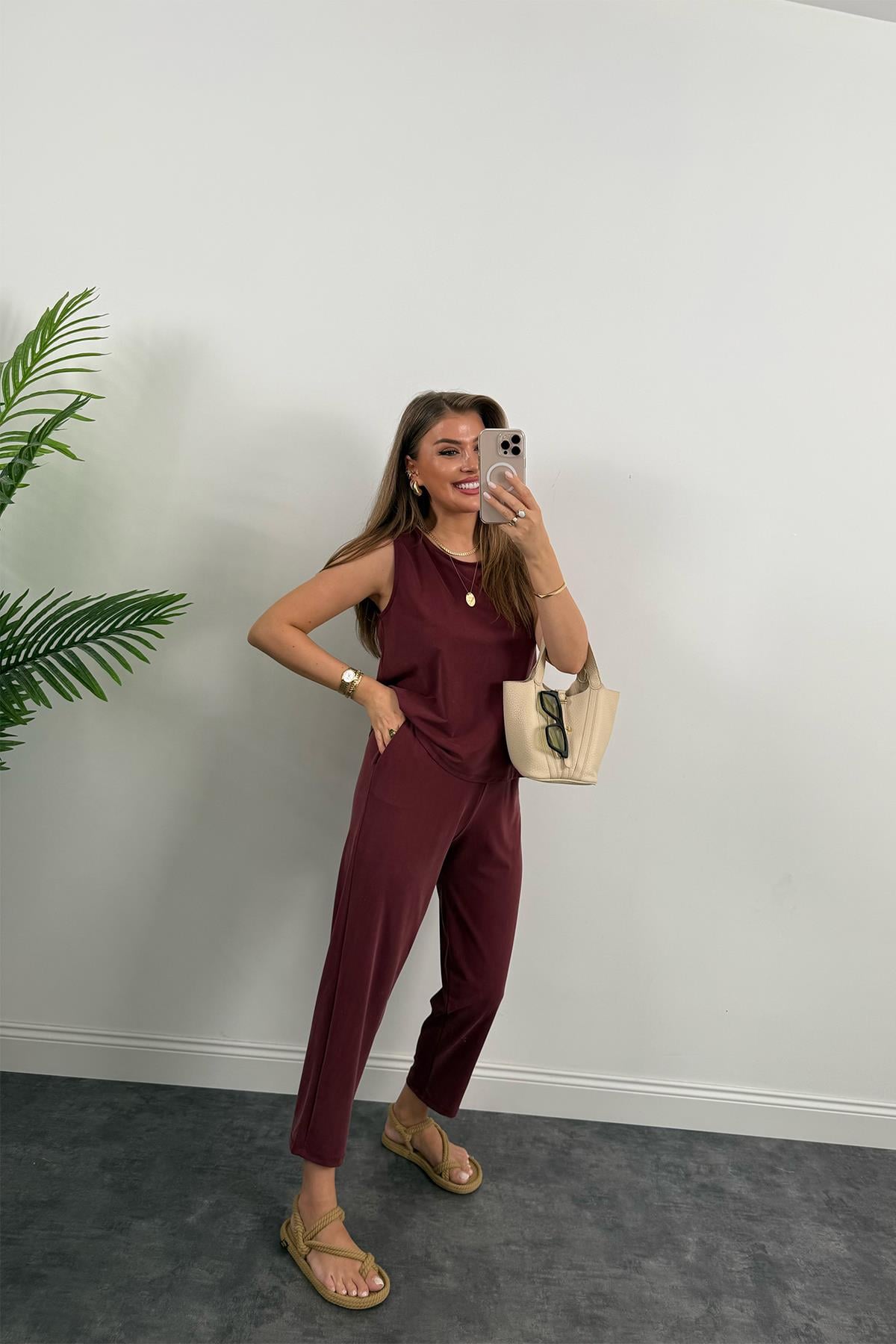 1. Sınıf Kalite Pike Modal Kumaş Pantolon Bluz Likralı Takım Vişne