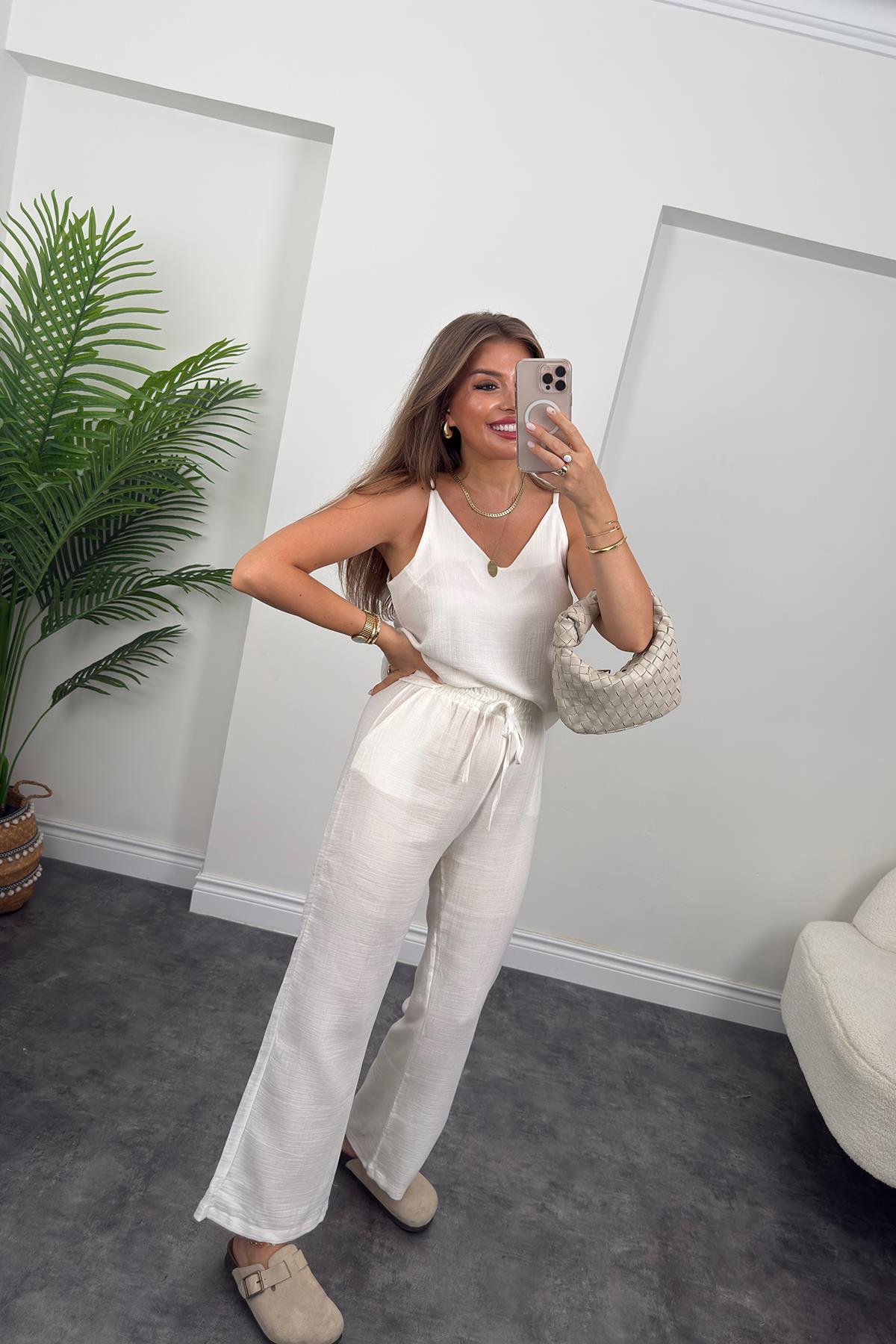 %100 Müslin Organik Kumaş Bol Paça Pantolon Beyaz