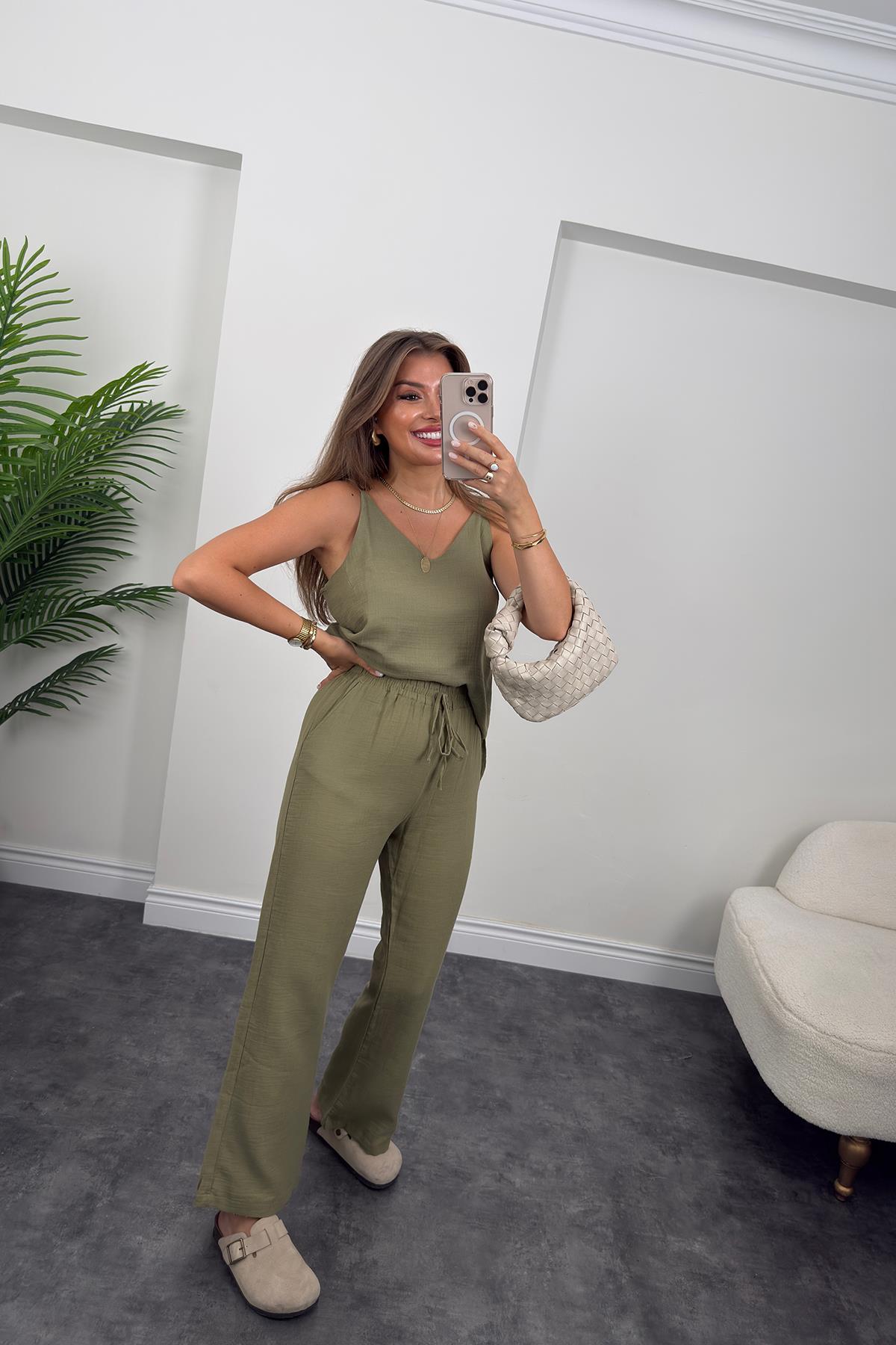 %100 Müslin Organik Kumaş Bol Paça Pantolon Haki