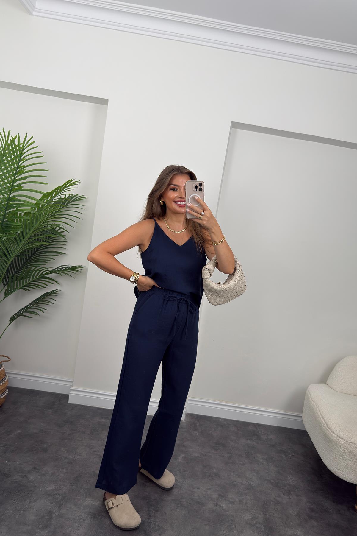 %100 Müslin Organik Kumaş Bol Paça Pantolon Lacivert 