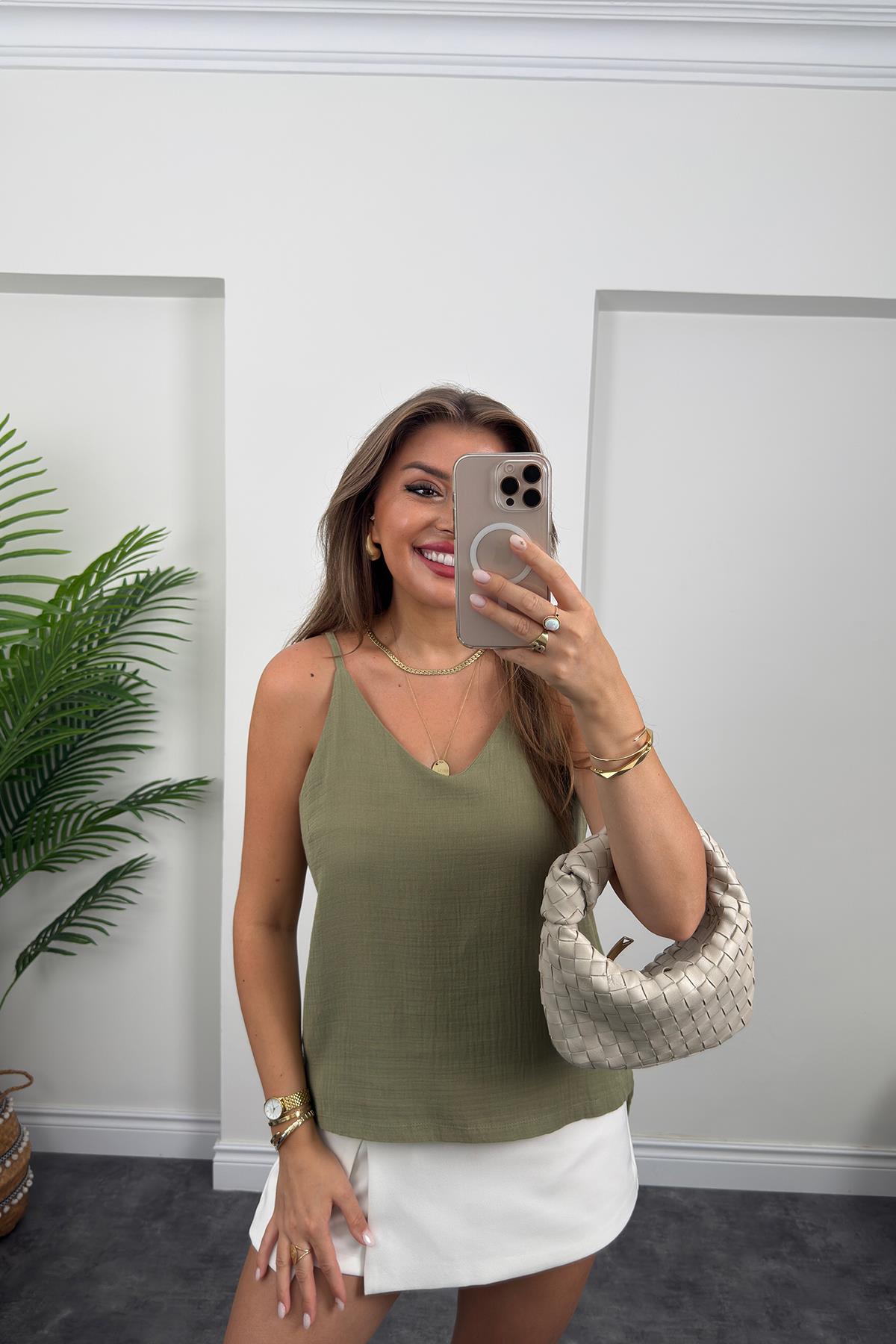 %100 Müslin Organik Kumaş İp Askılı Bluz Haki